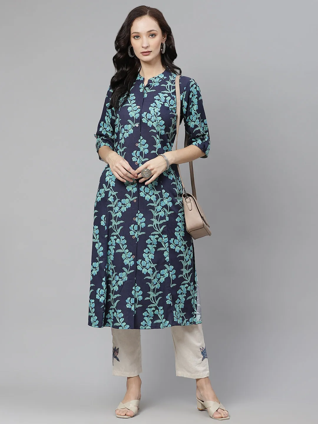 Leaf Printed A-line Rayon Kurta