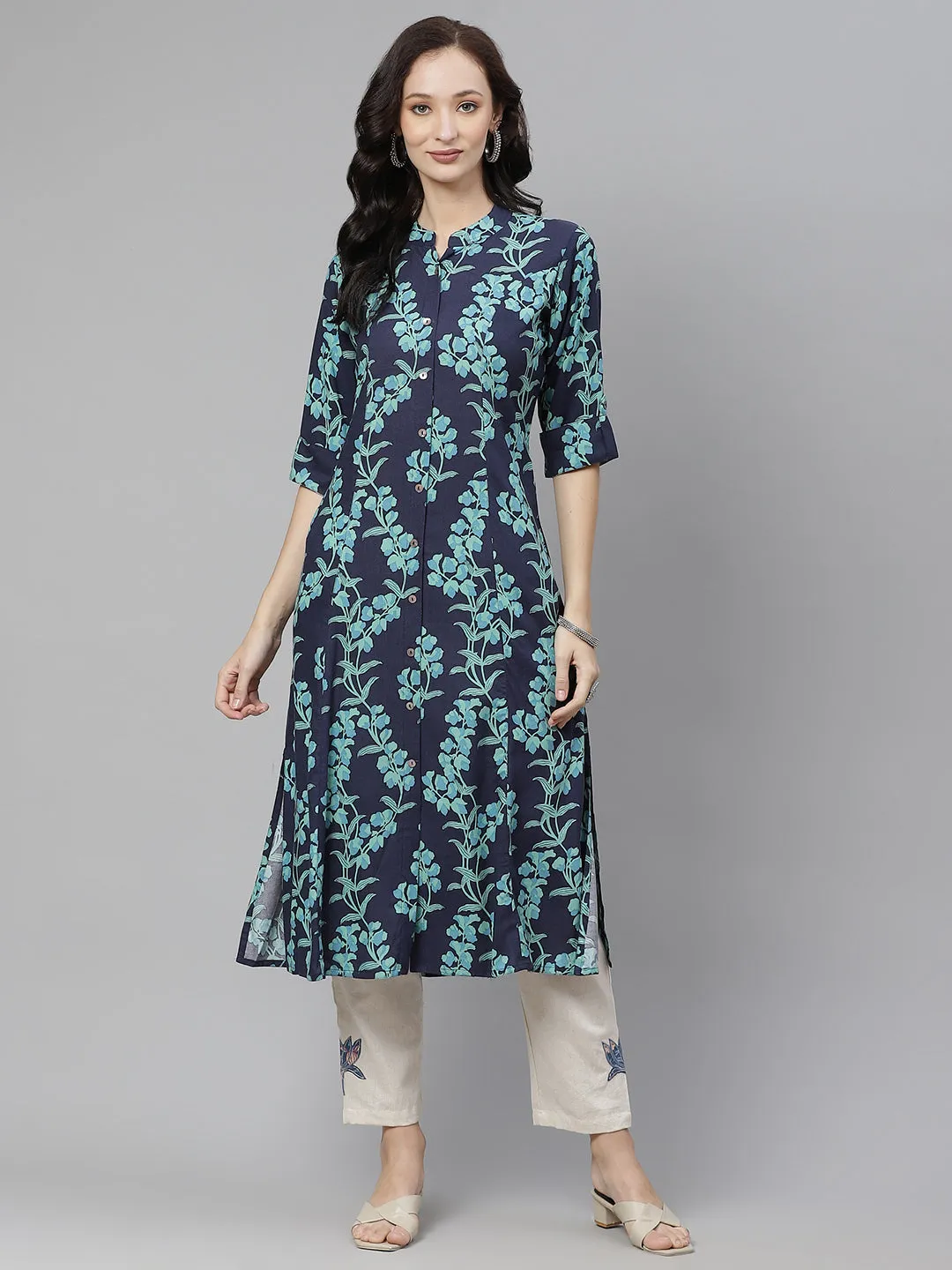 Leaf Printed A-line Rayon Kurta