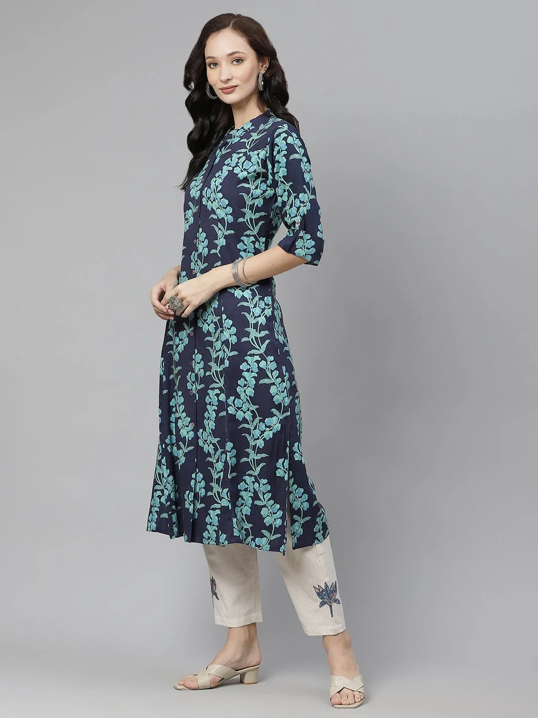 Leaf Printed A-line Rayon Kurta