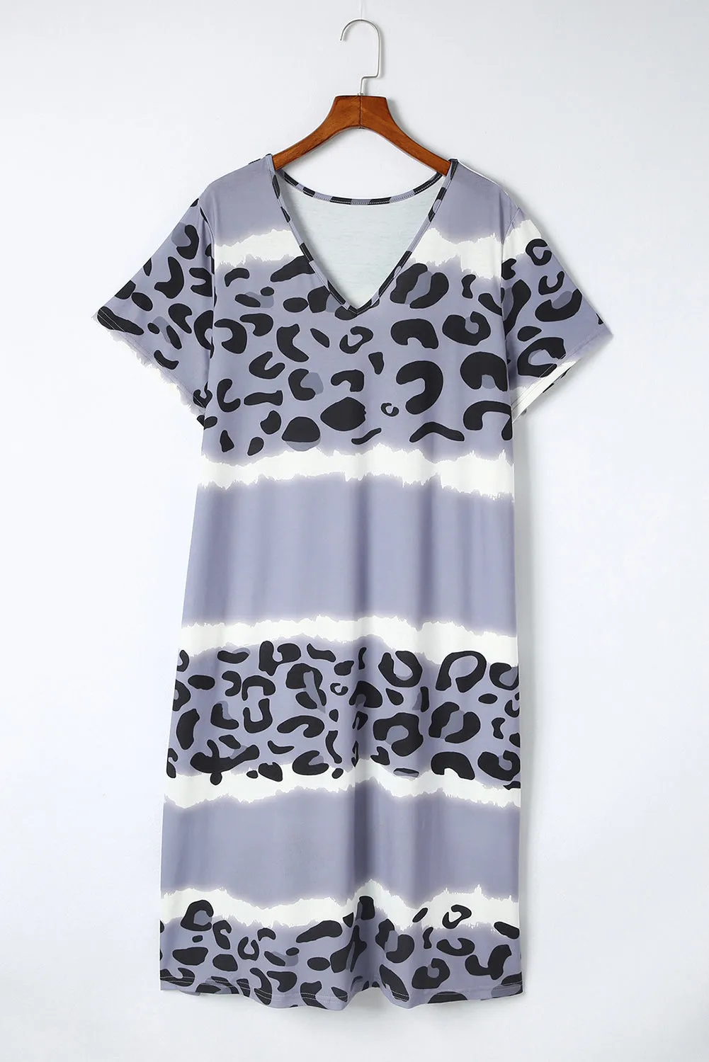 Leopard Color Block V Neck Plus Size T Shirt Dress