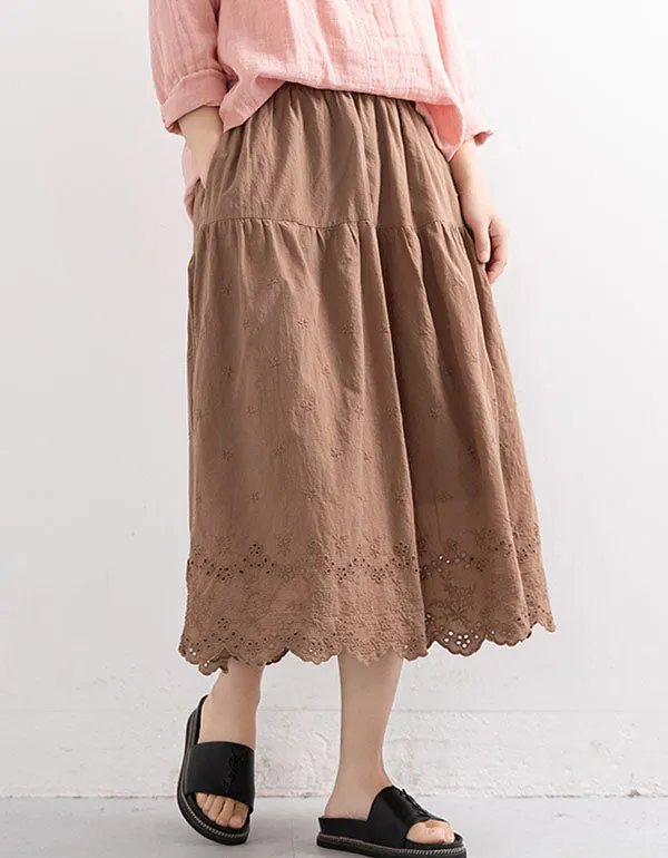 Lined Solid Cotton Embroidered Summer Leisure Skirt