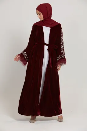 Luxury Embellished Velvet Open Abaya with Feathers - Deep Maroon