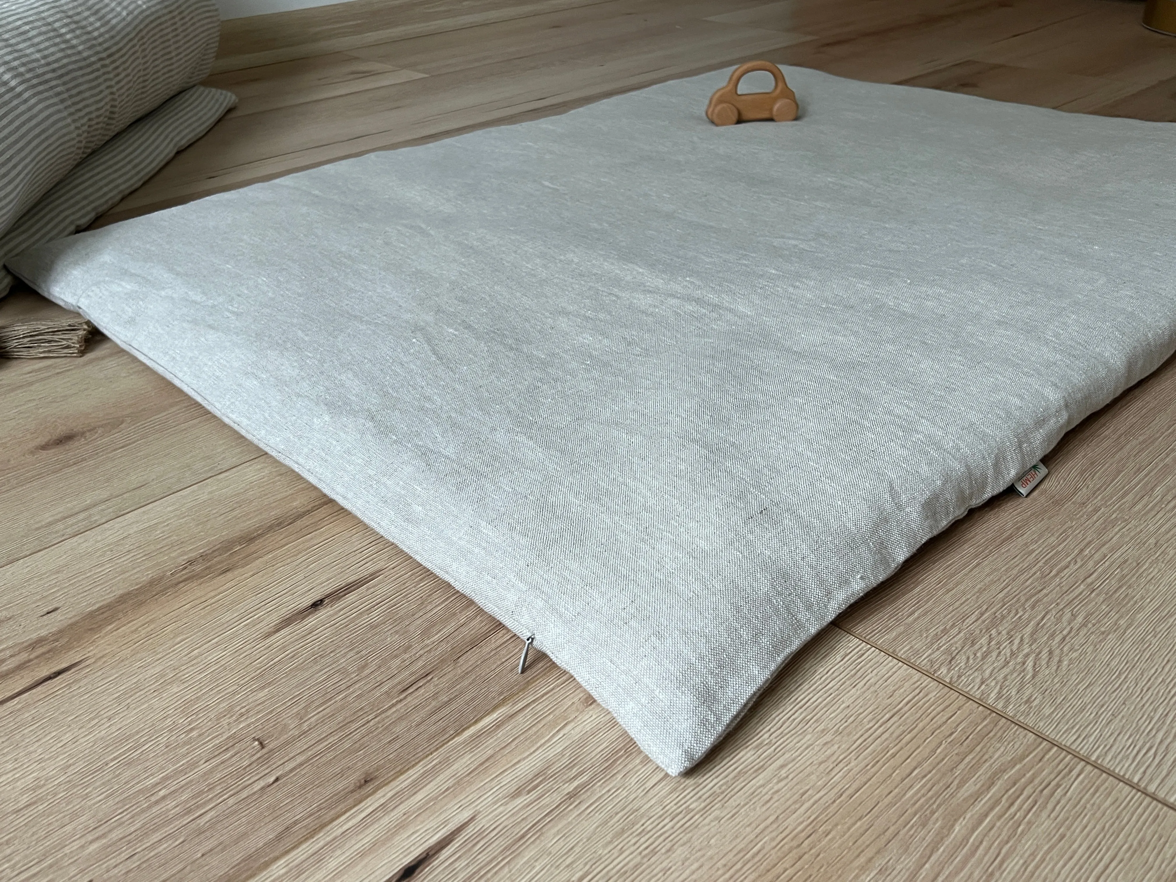 Natural Hemp Linen Play Mat with Linen Removable cover filled organic HEMP Fiber - cotton mat in non-dyed linen Nursery Baby Blanky padded