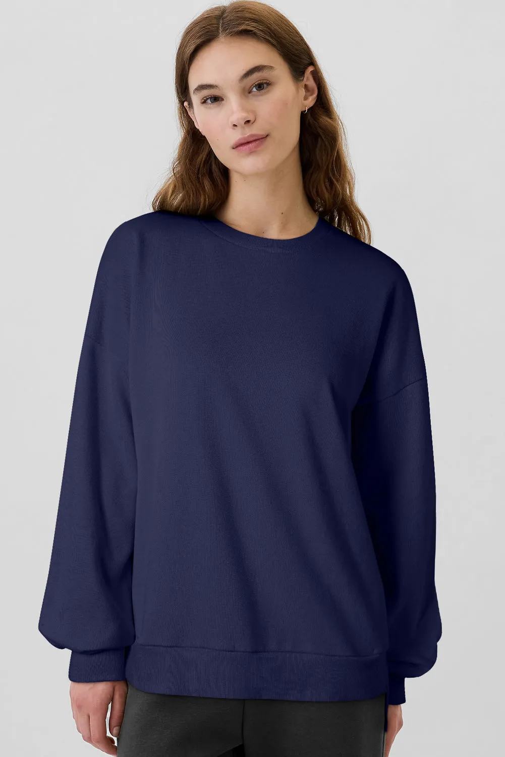 Navy Blue Solid Fleece Lined Drop Shoulder High Low Sweatshirt