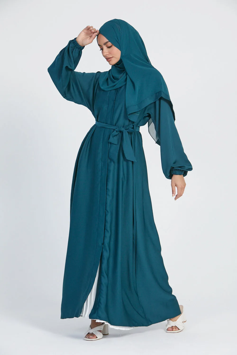 Open Abaya with Elasticated Cuffs - Teal