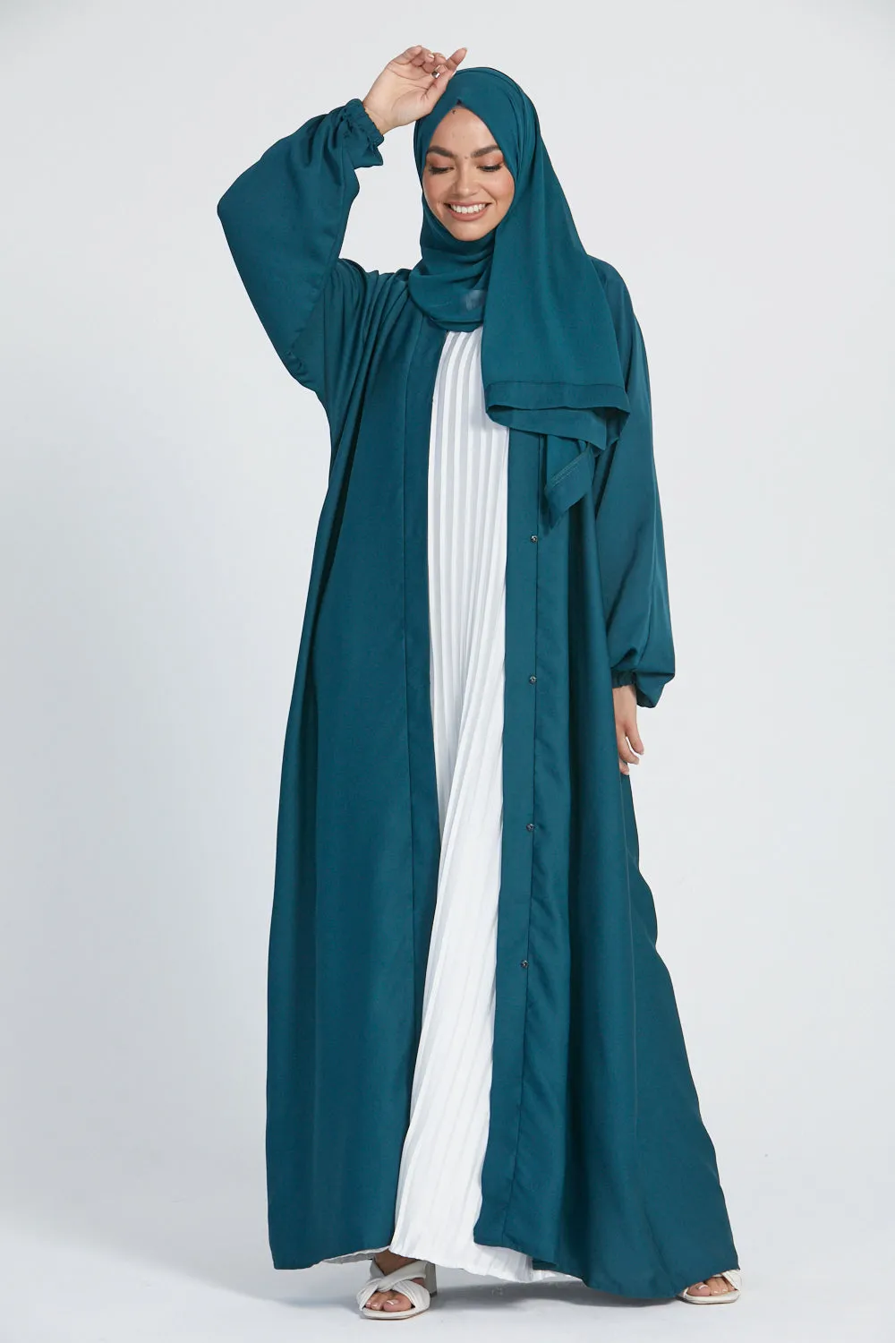 Open Abaya with Elasticated Cuffs - Teal