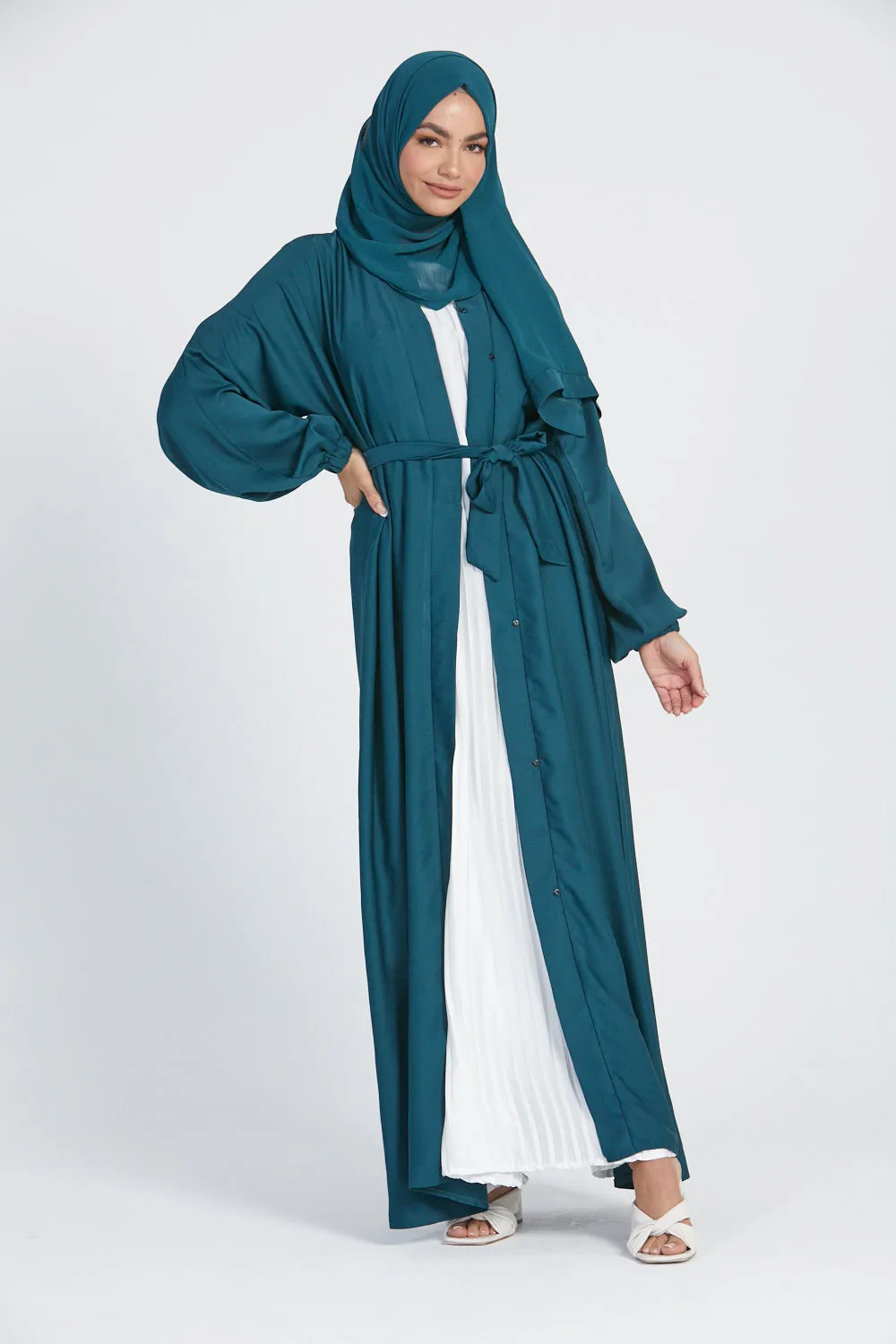 Open Abaya with Elasticated Cuffs - Teal