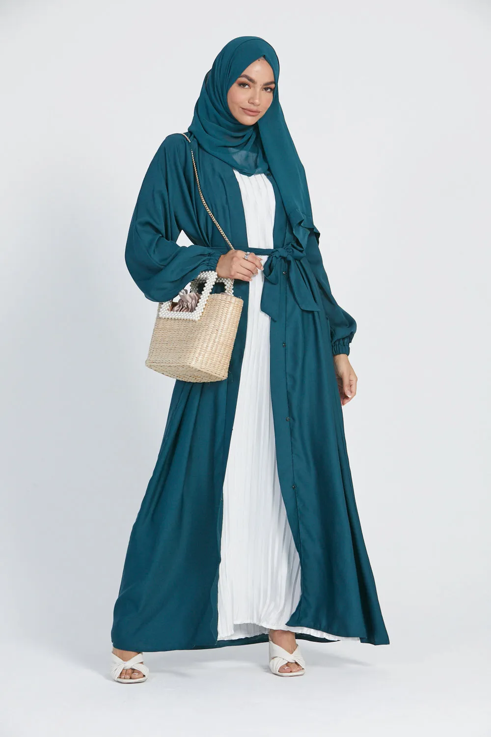 Open Abaya with Elasticated Cuffs - Teal