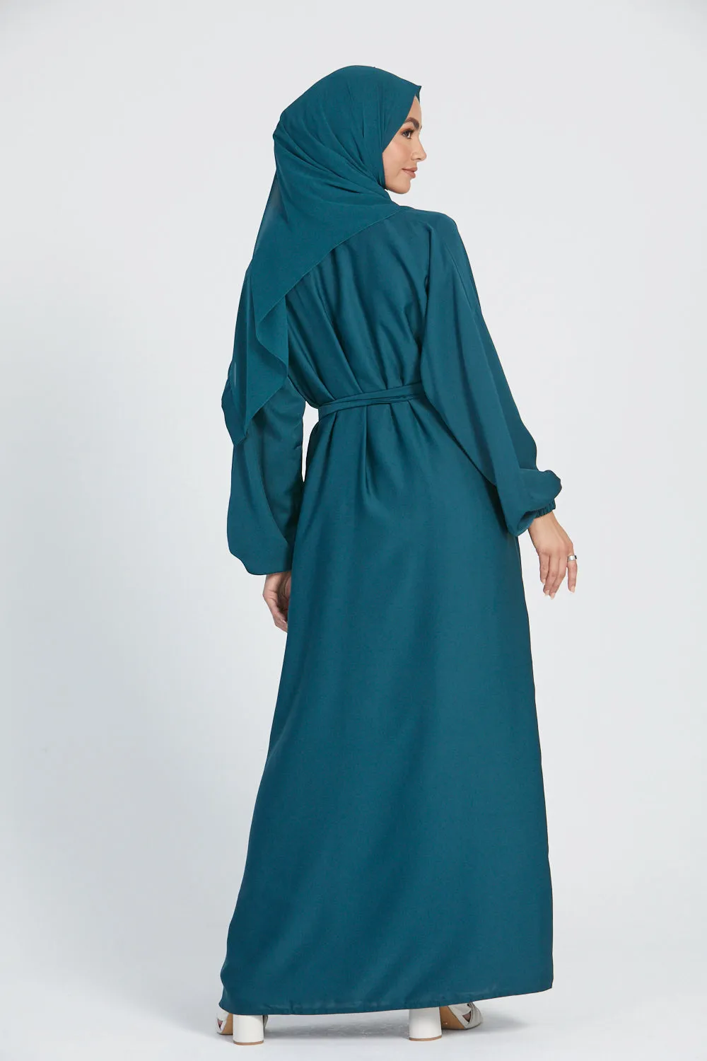 Open Abaya with Elasticated Cuffs - Teal