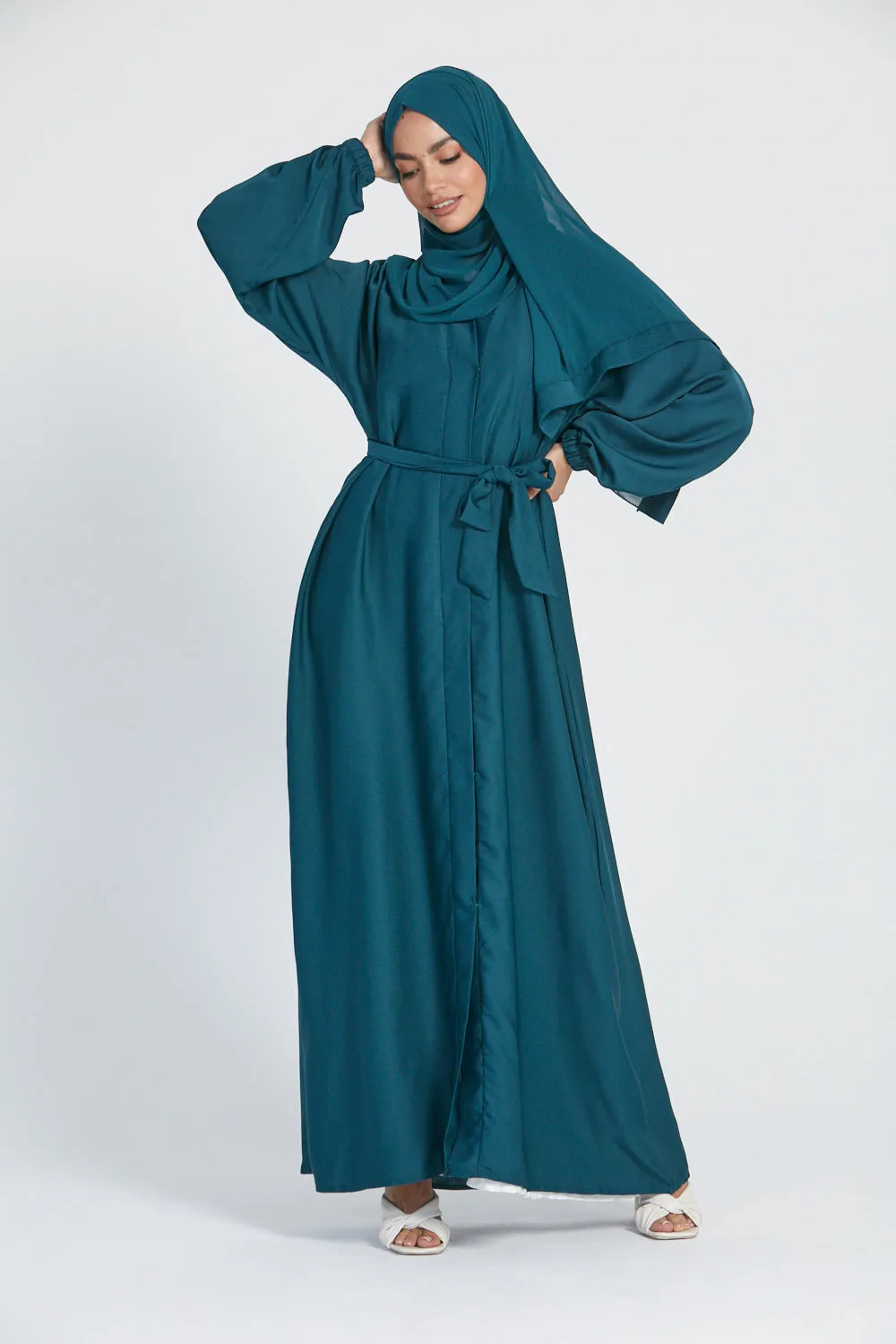 Open Abaya with Elasticated Cuffs - Teal