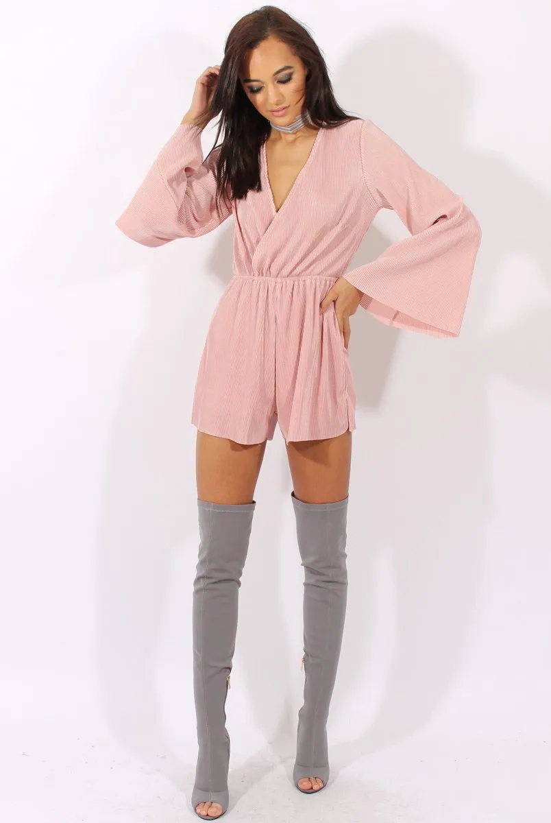 Pink Pleated Flared Sleeve Playsuit - Amity