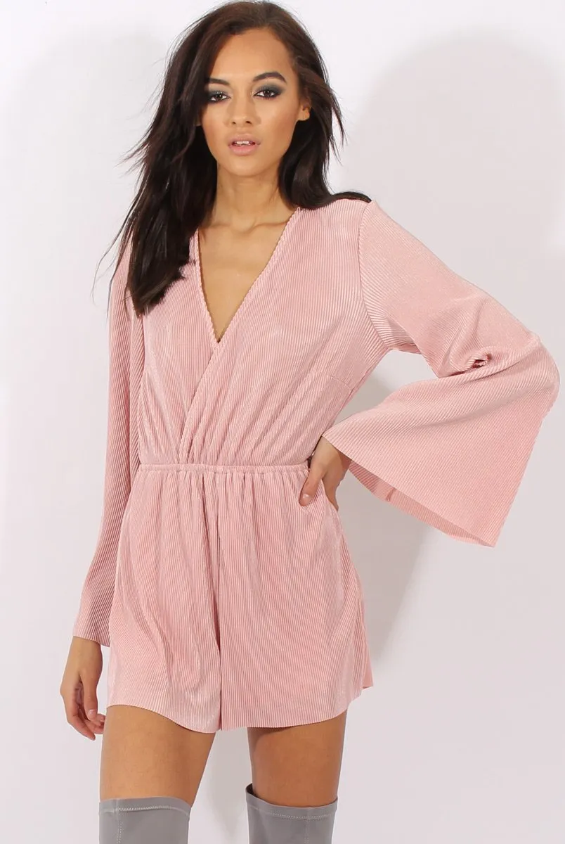 Pink Pleated Flared Sleeve Playsuit - Amity