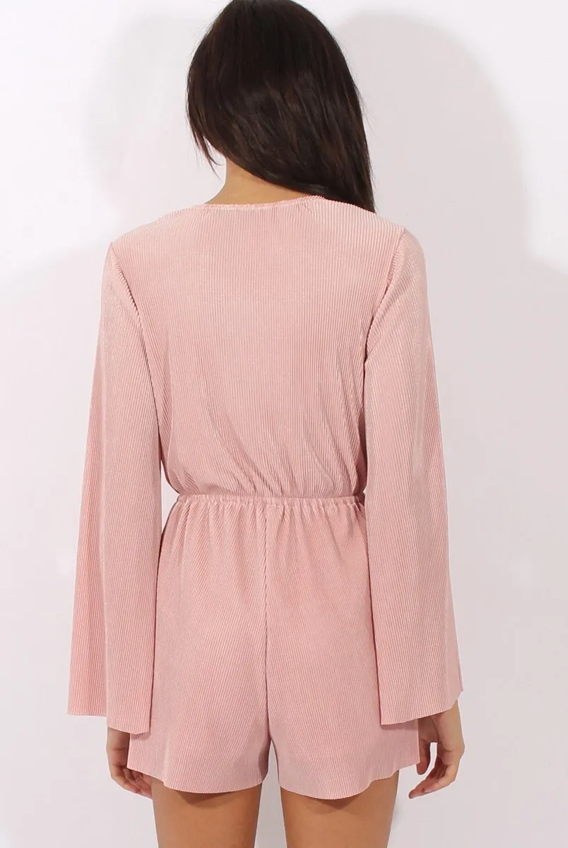 Pink Pleated Flared Sleeve Playsuit - Amity