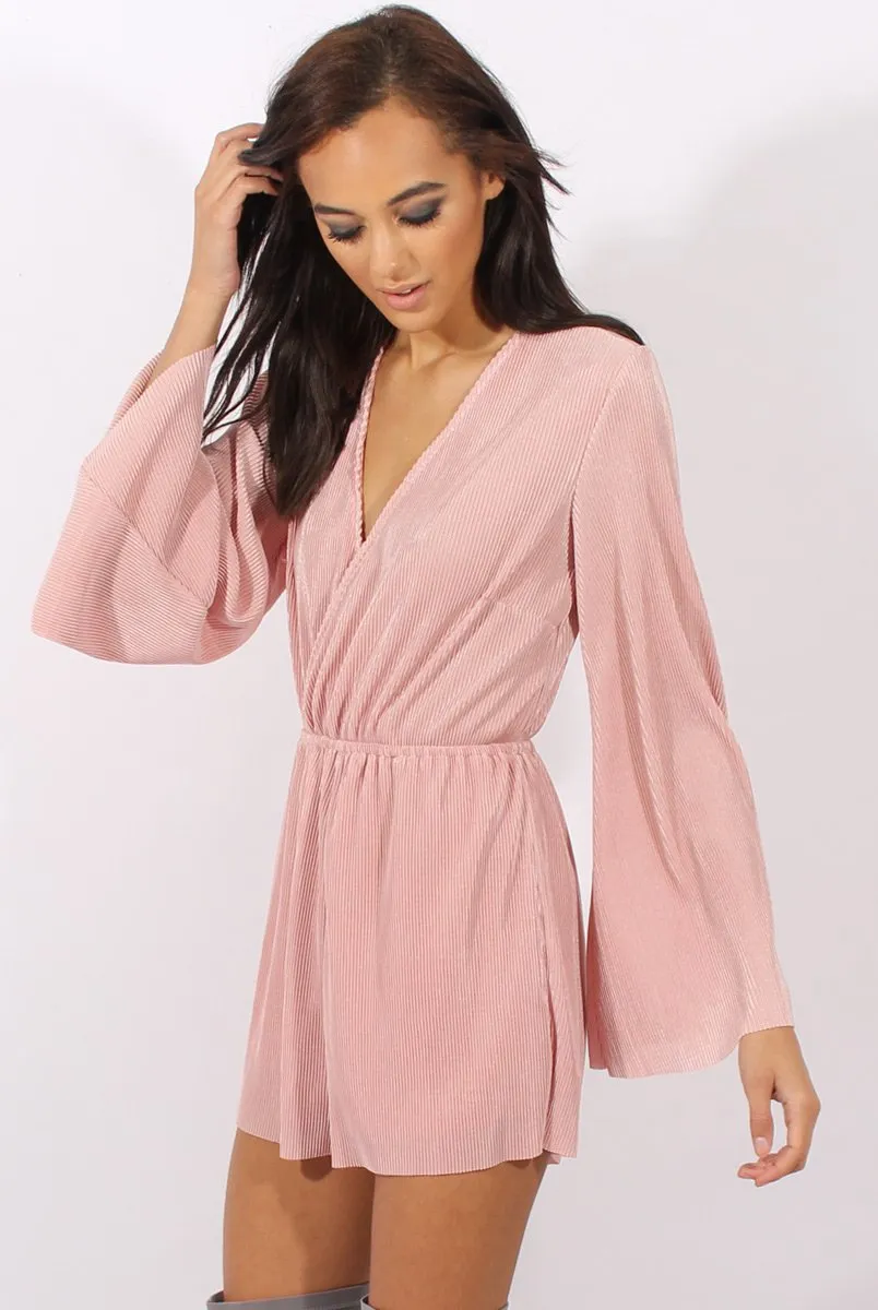 Pink Pleated Flared Sleeve Playsuit - Amity