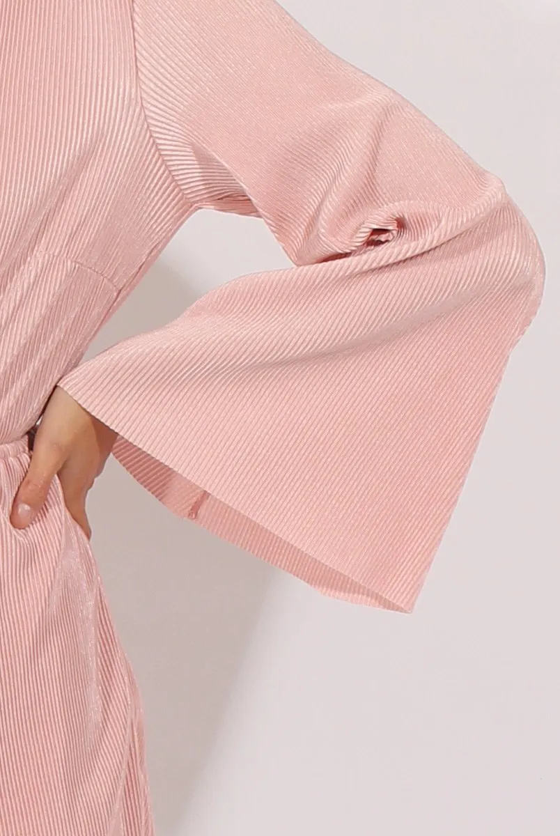 Pink Pleated Flared Sleeve Playsuit - Amity