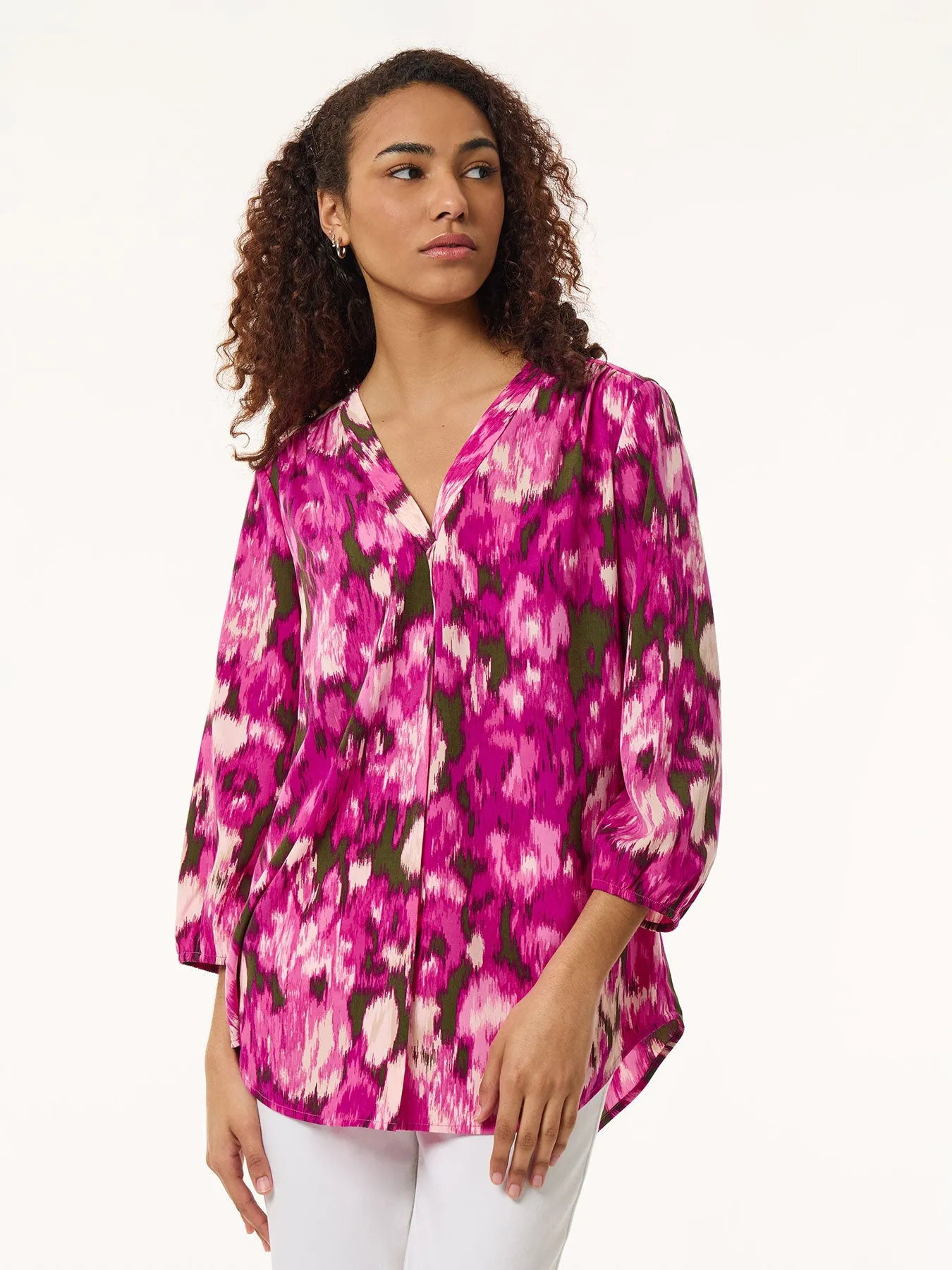 Plus Size Printed V-Neck Pleated Kelly Blouse, Crepe De Chine