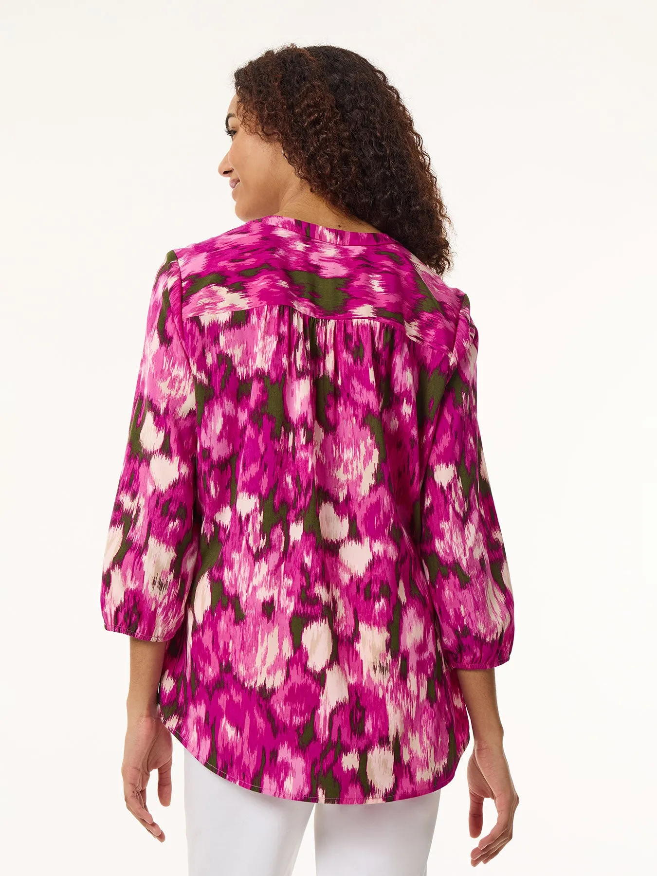 Plus Size Printed V-Neck Pleated Kelly Blouse, Crepe De Chine