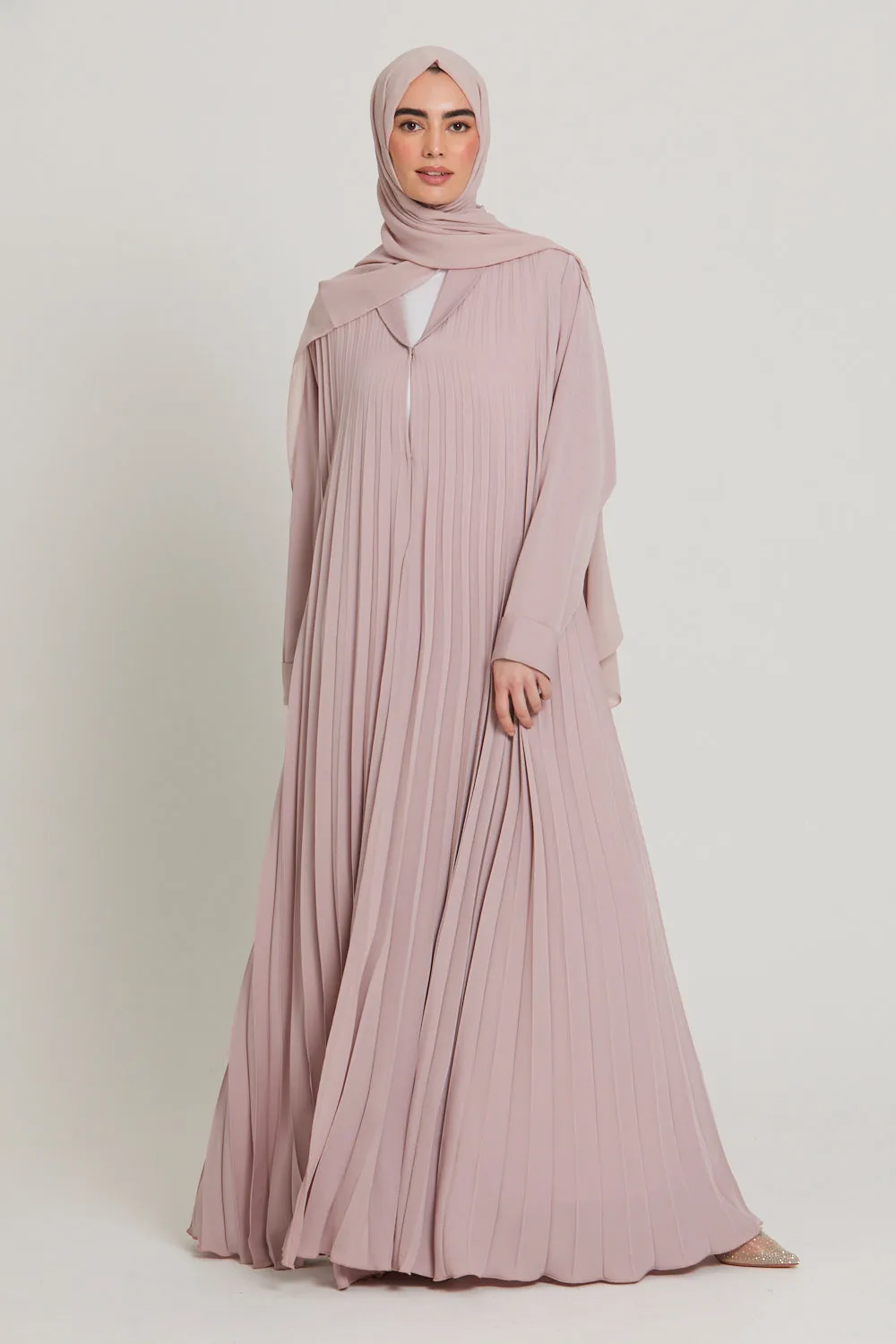 Premium Pleated Umbrella Cut Open Abaya - Smokey Rose