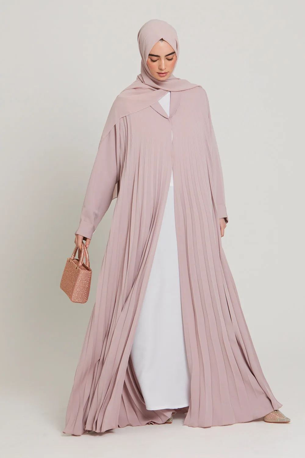 Premium Pleated Umbrella Cut Open Abaya - Smokey Rose