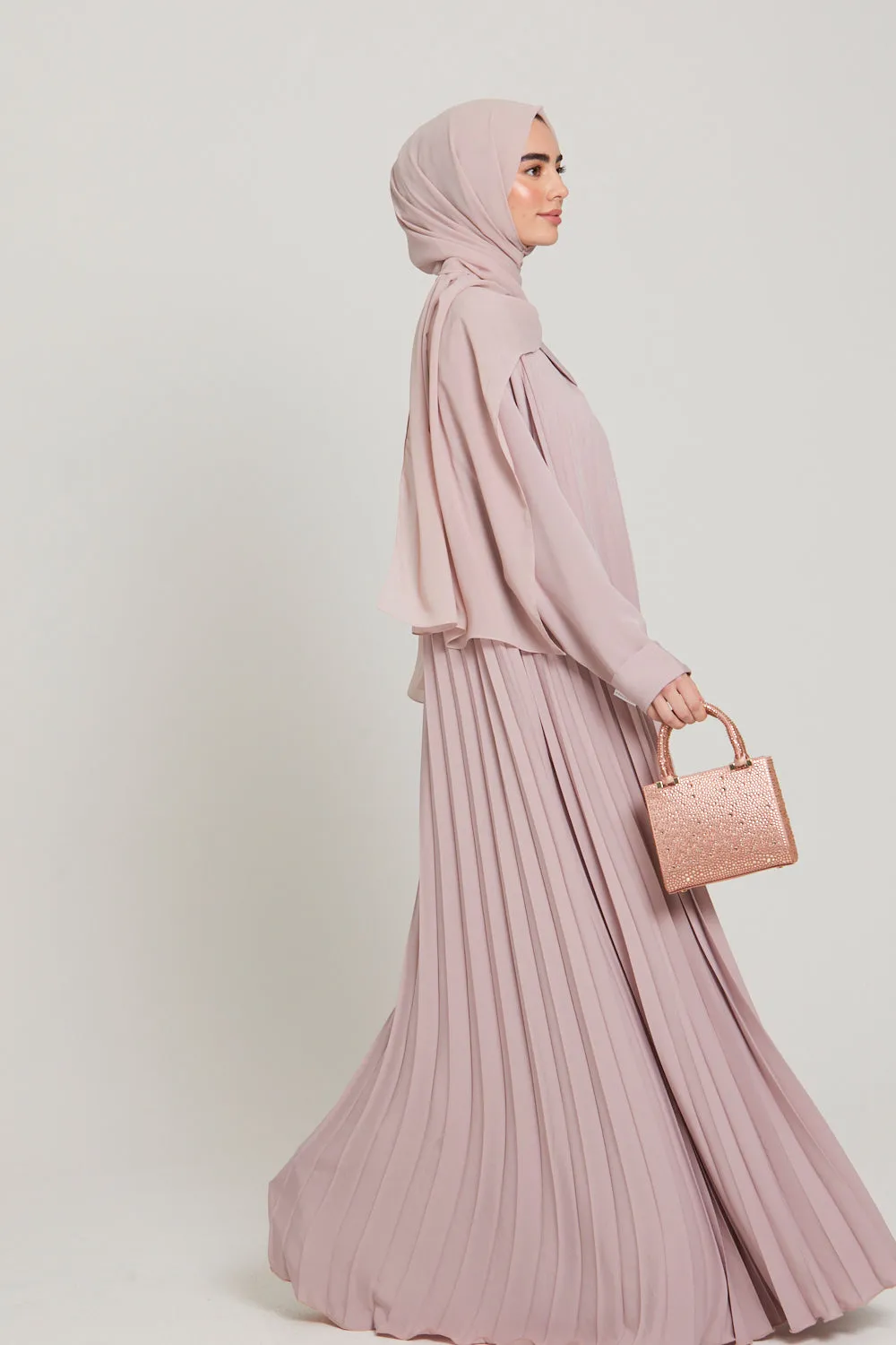 Premium Pleated Umbrella Cut Open Abaya - Smokey Rose