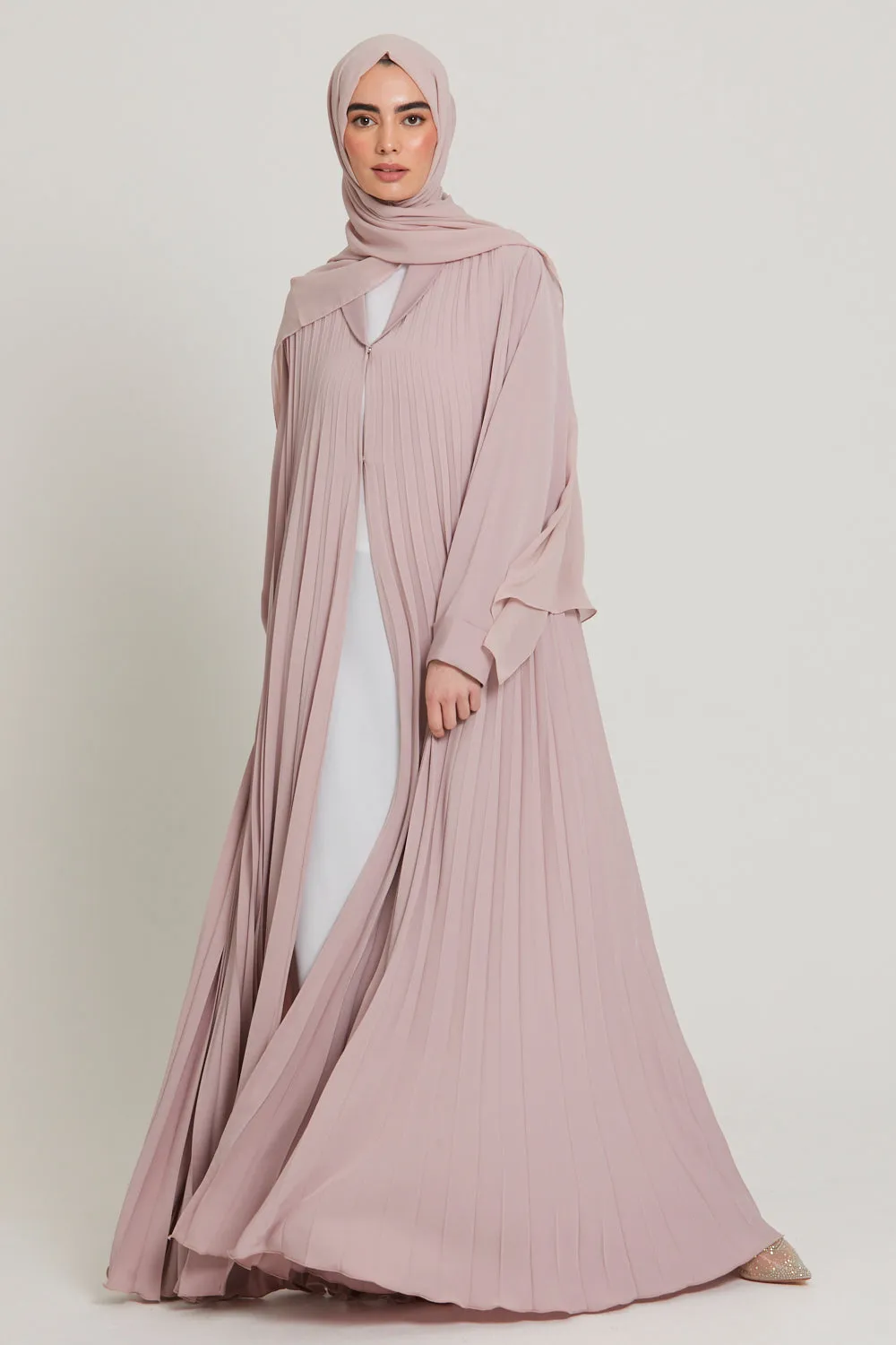 Premium Pleated Umbrella Cut Open Abaya - Smokey Rose