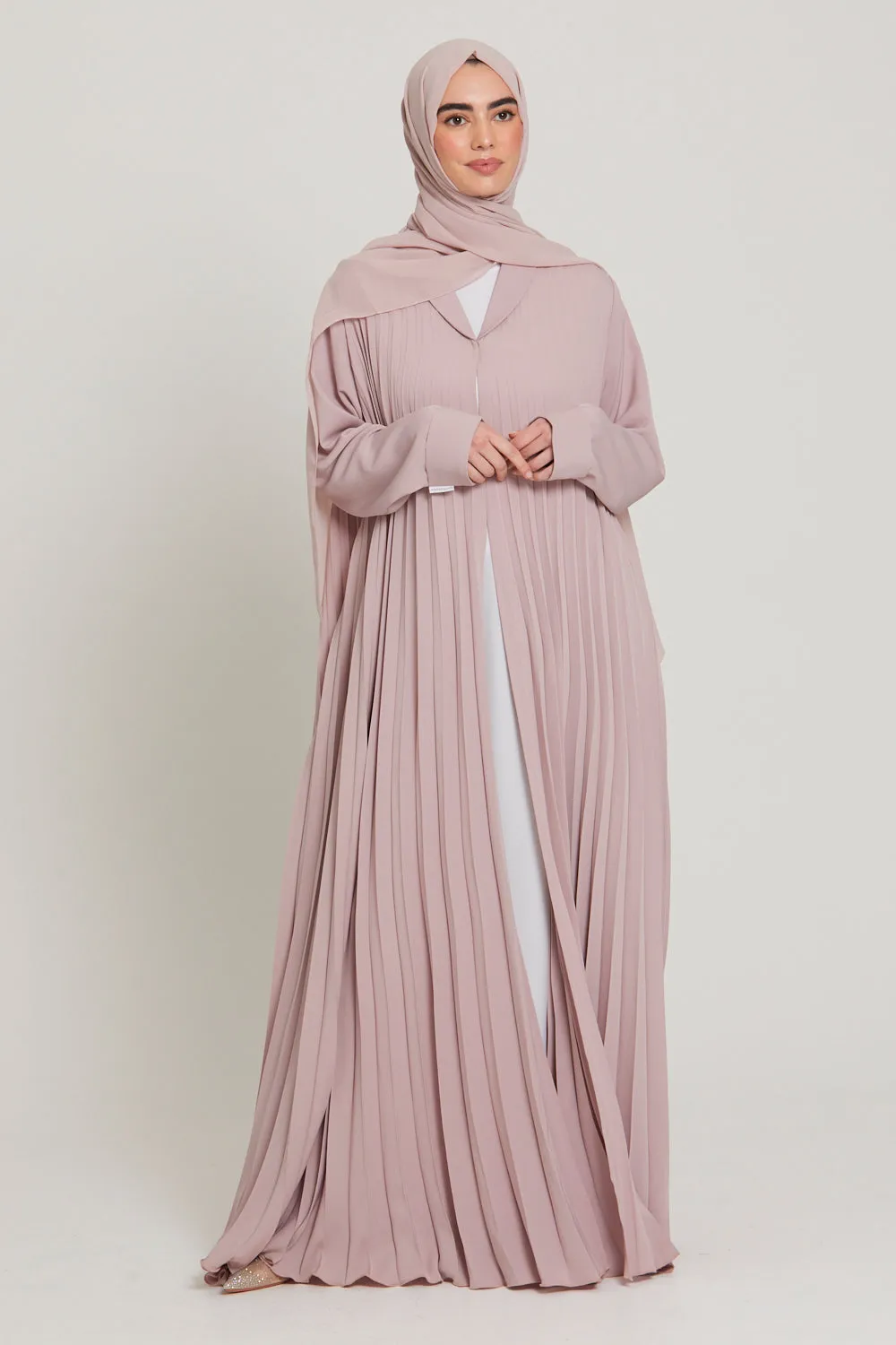 Premium Pleated Umbrella Cut Open Abaya - Smokey Rose