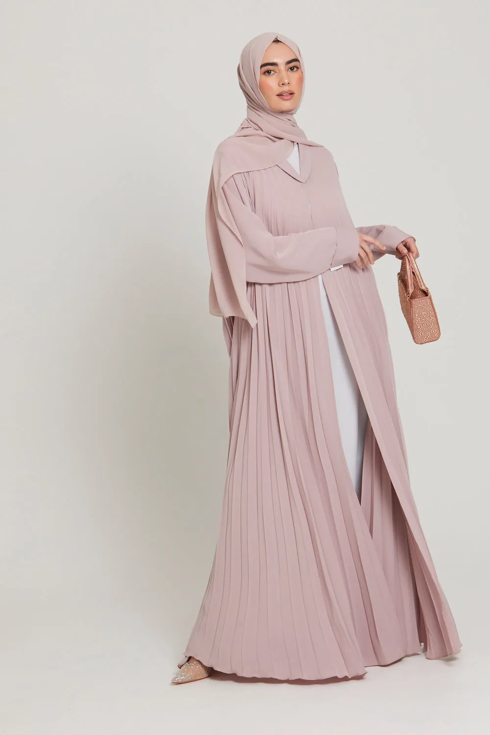 Premium Pleated Umbrella Cut Open Abaya - Smokey Rose