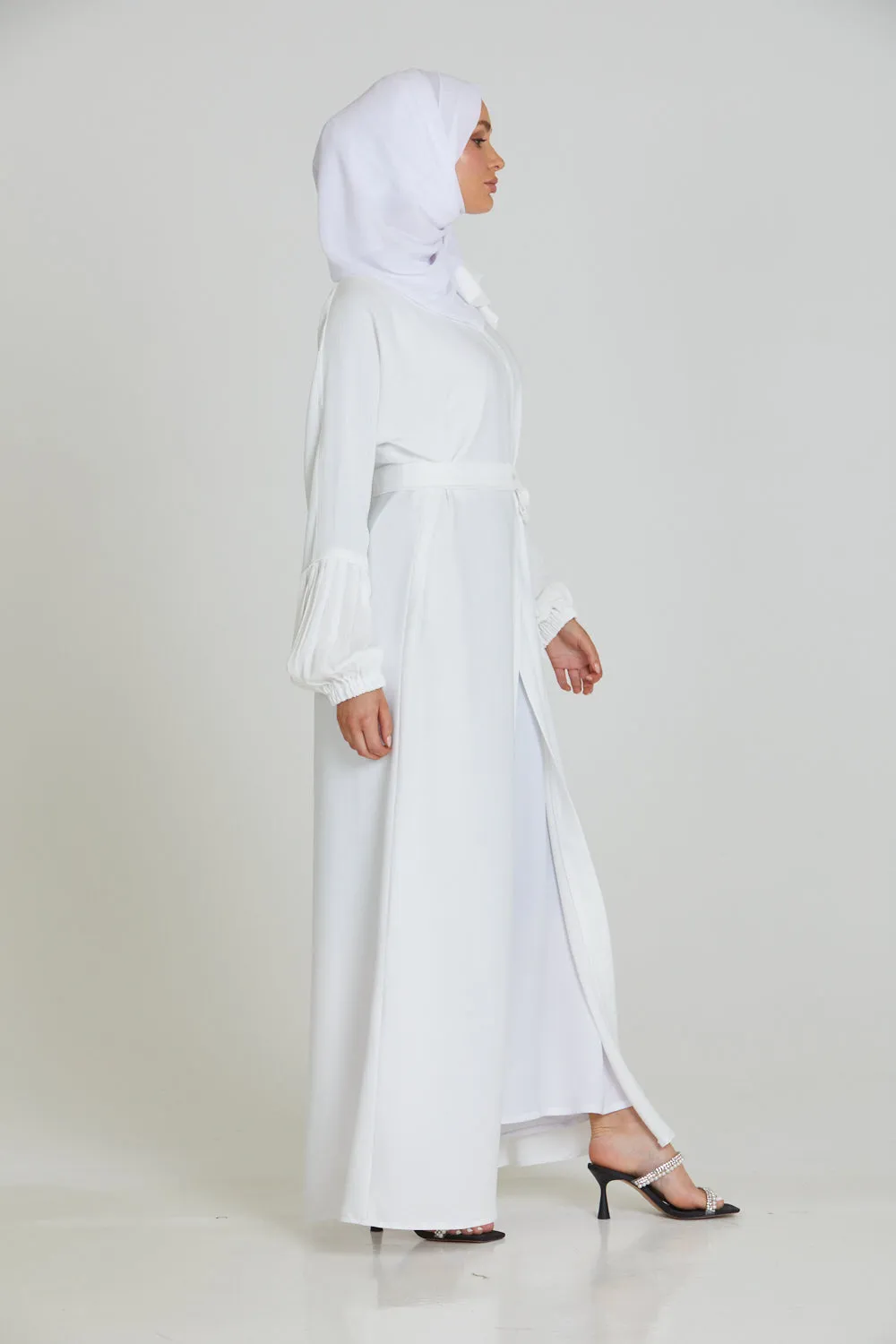 Premium Textured Open Abaya with Pleated Cuffs - White