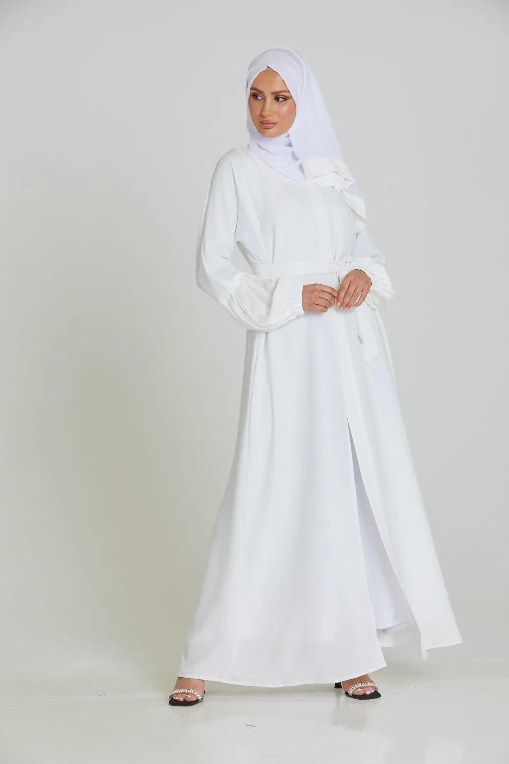 Premium Textured Open Abaya with Pleated Cuffs - White