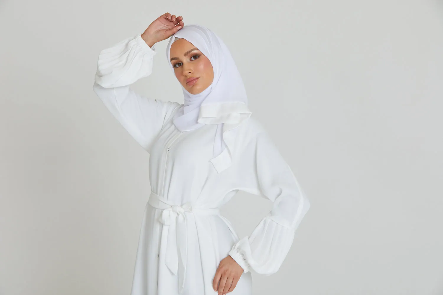 Premium Textured Open Abaya with Pleated Cuffs - White