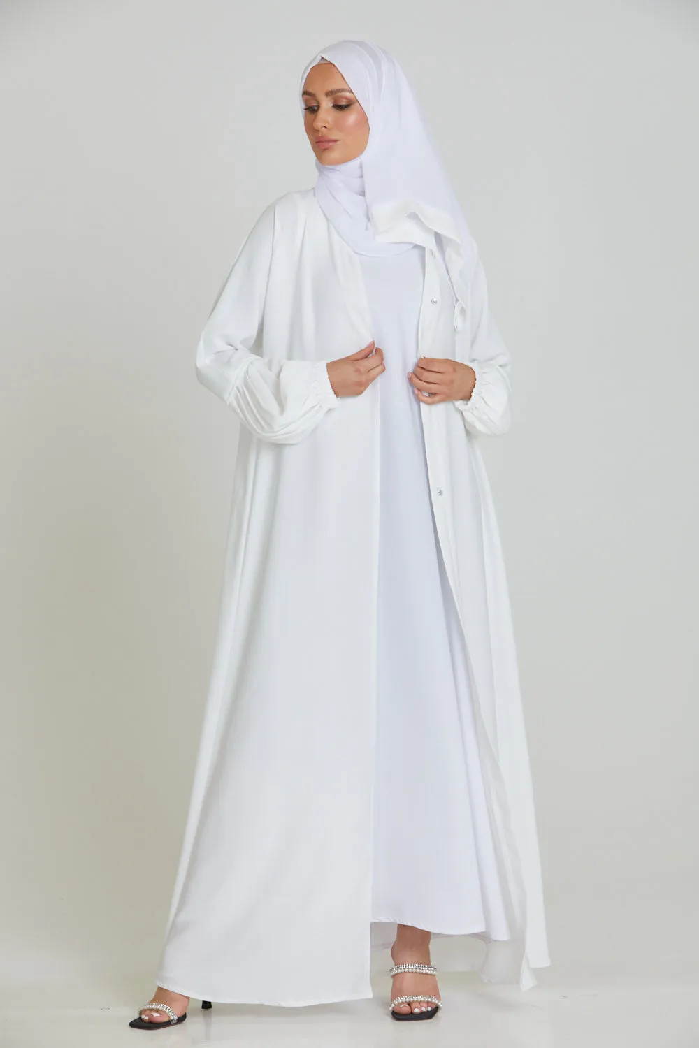 Premium Textured Open Abaya with Pleated Cuffs - White