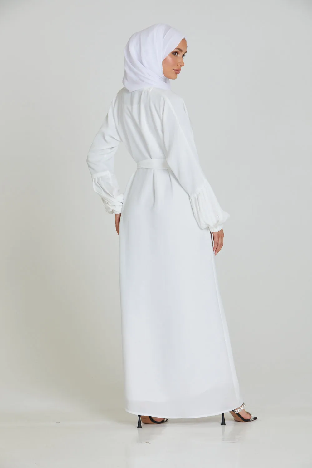 Premium Textured Open Abaya with Pleated Cuffs - White