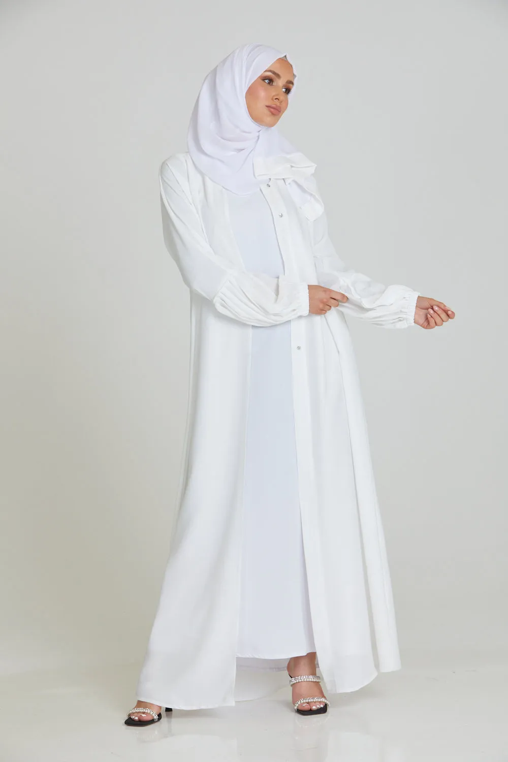 Premium Textured Open Abaya with Pleated Cuffs - White