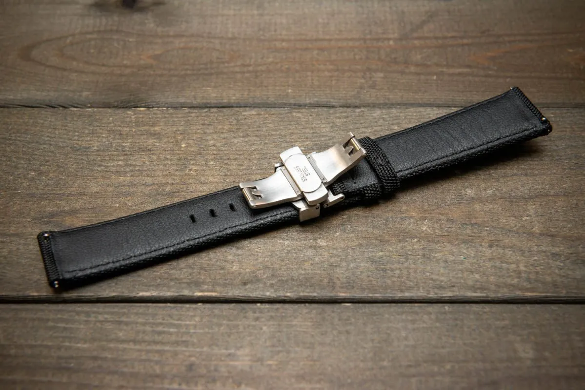 Sailcloth, Cordura military grade watch strap, Quick-release spring bars are installed, lined with Lorica eco-leather by FinWacthStraps. Deployment clasp installed.