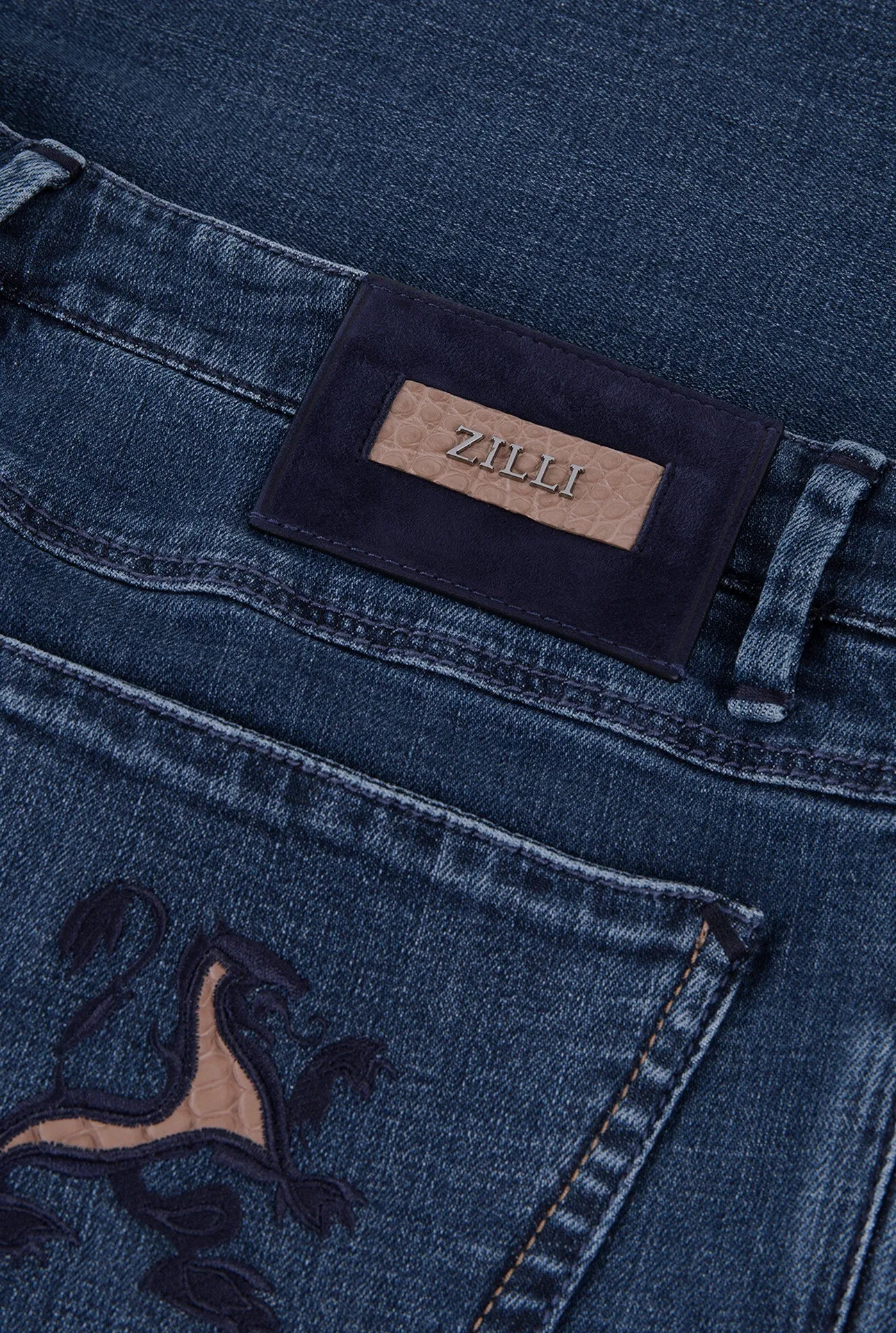 Slim Fit Jeans with Griffon Embroidery Alligator Inlay