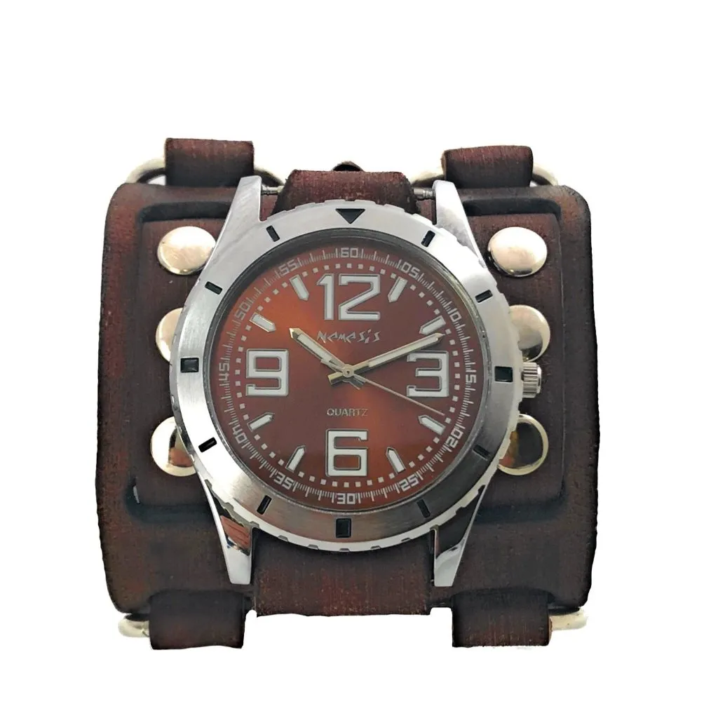 Sporty Racing Brown Watch with Bullet Ring Distressed Brown Leather Triple Strap Cuff