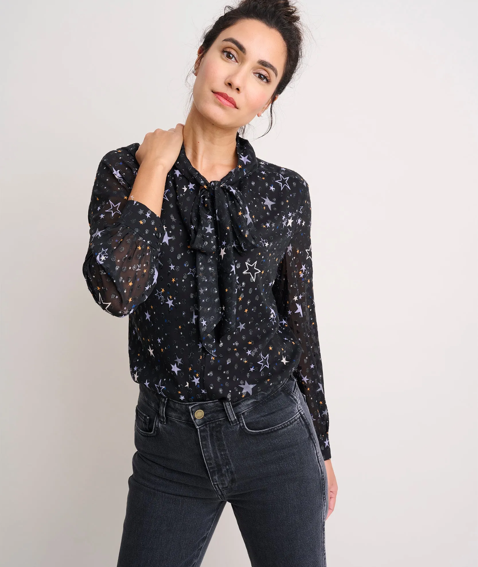 Star Print Tie-Neck Colette Shirt