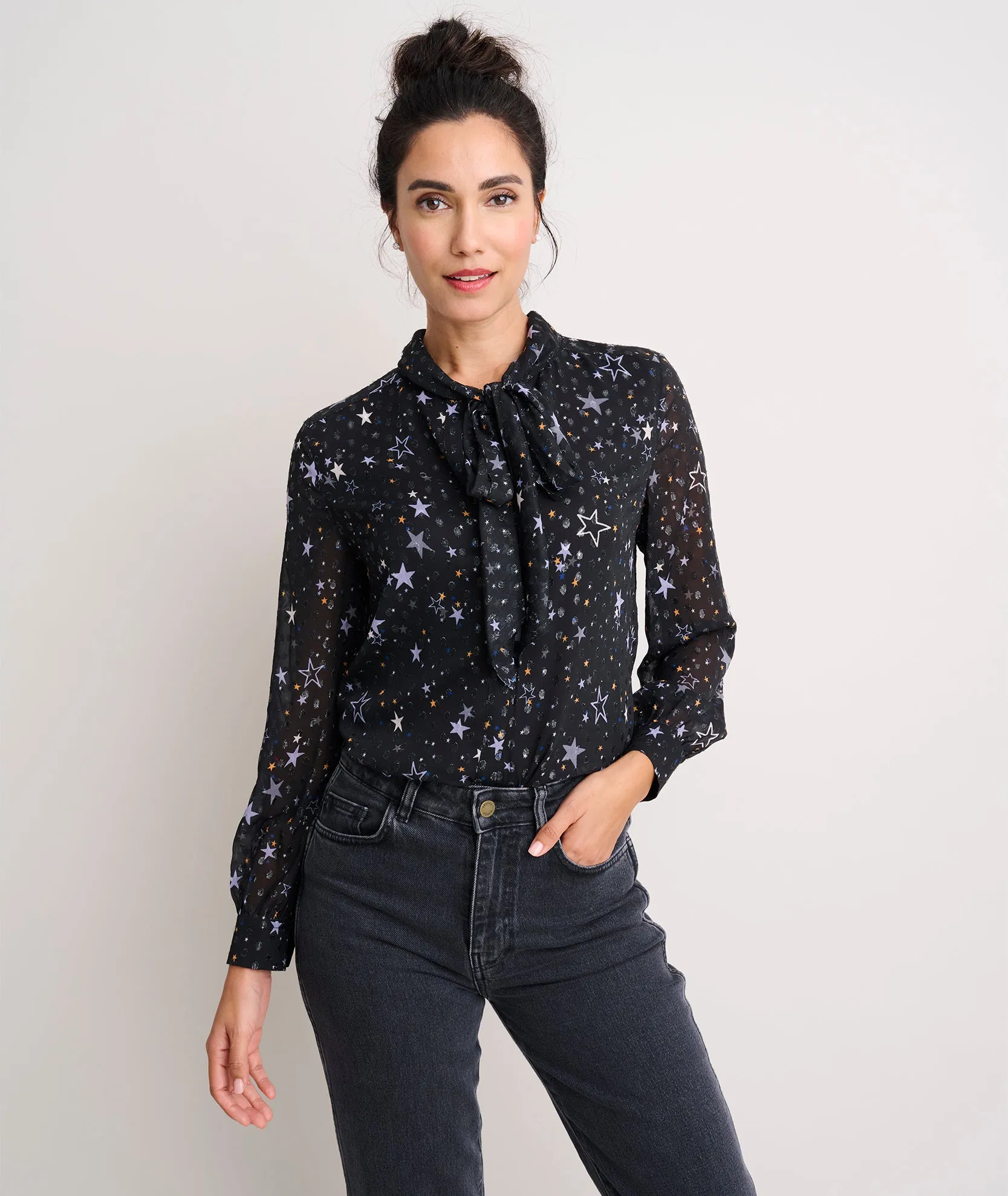 Star Print Tie-Neck Colette Shirt