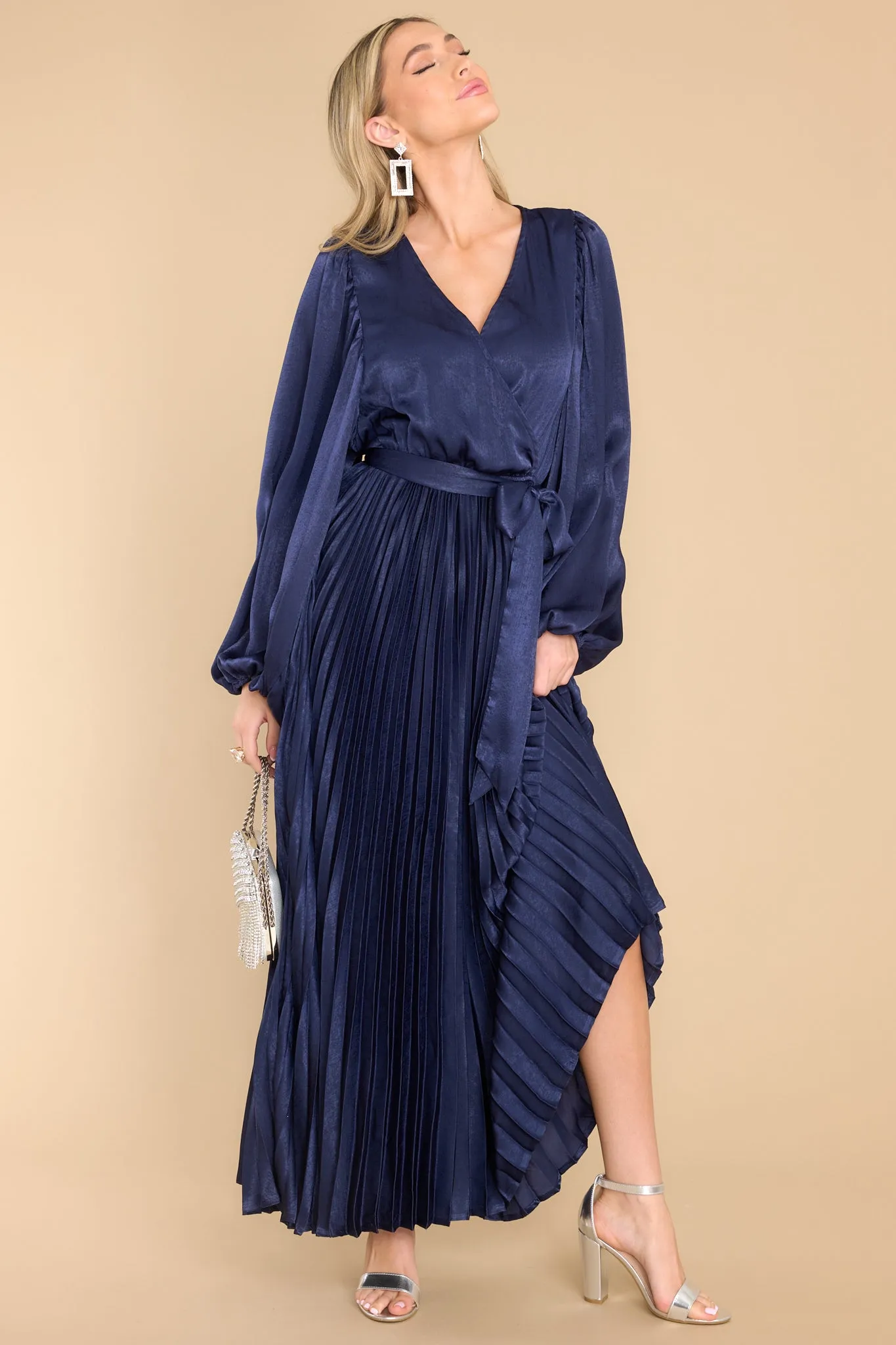 Sugarplum Charm Navy Pleated Maxi Dress