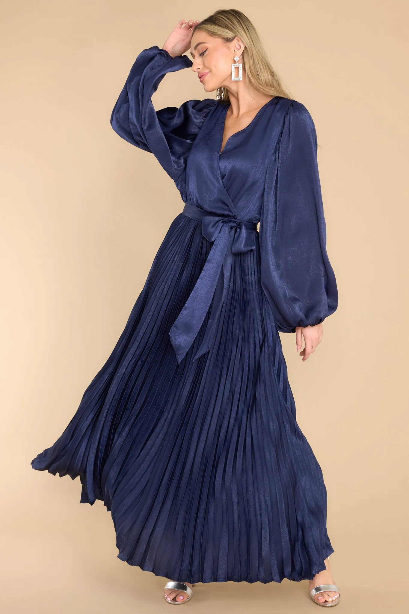 Sugarplum Charm Navy Pleated Maxi Dress