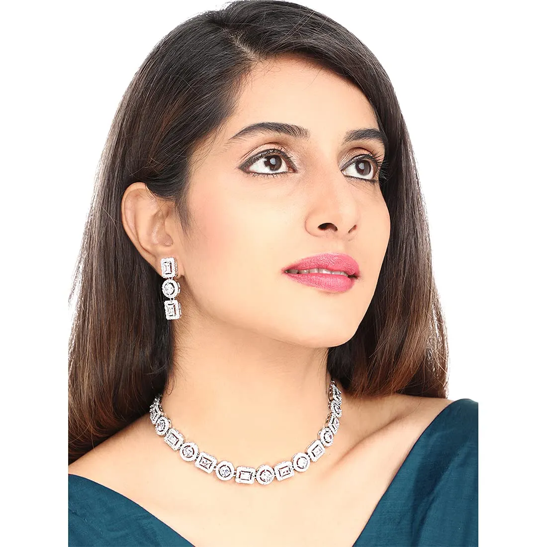 Yellow Chimes Classic AD/American Diamond Studded White Rhodium Plated Square Oval Design Necklace Set Jewellery Set for Women and Girls