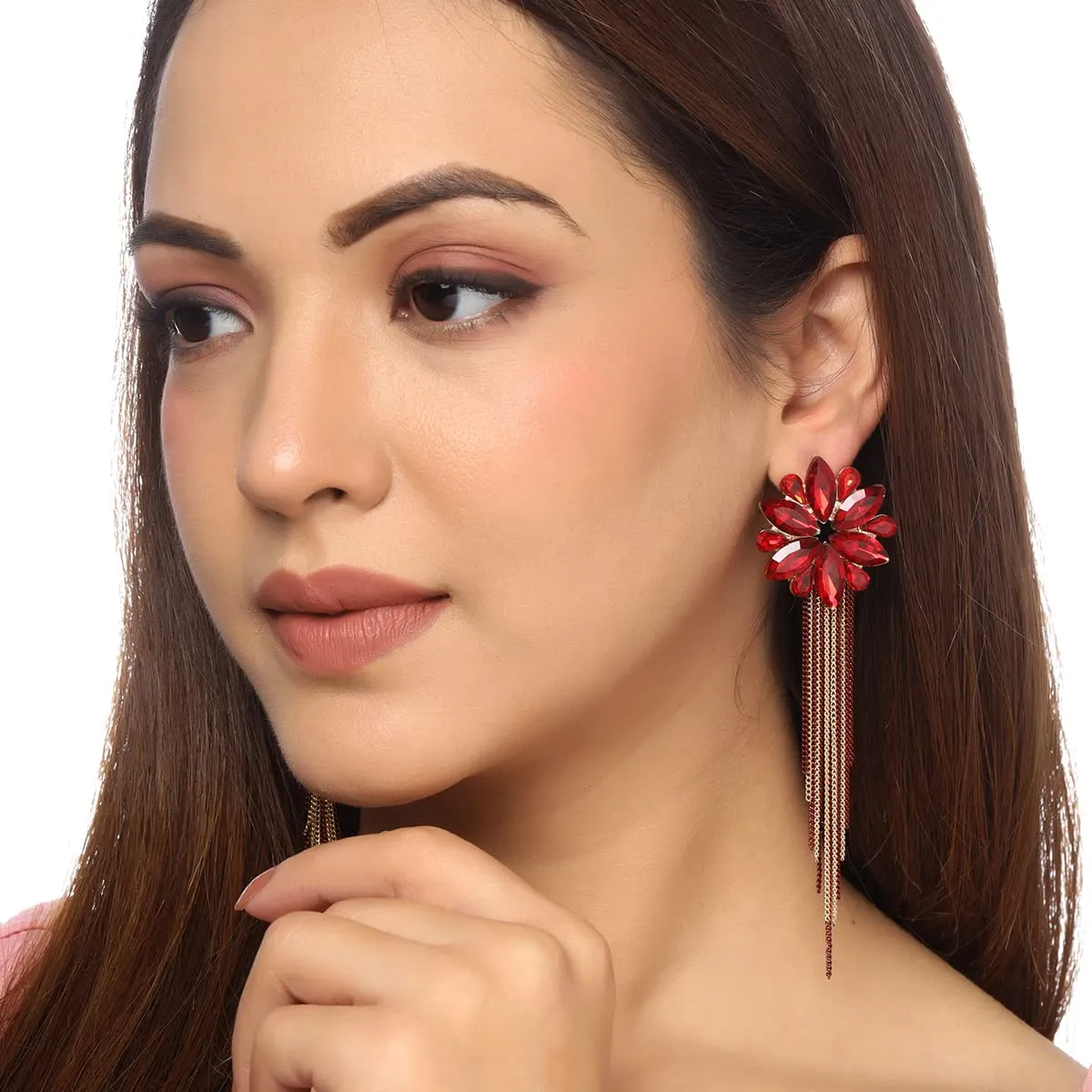 Yellow Chimes Crystal Danglers Earrings for Women Floral Shaped Crystal Red Long Chain Dangler Earrings for Women and Girls