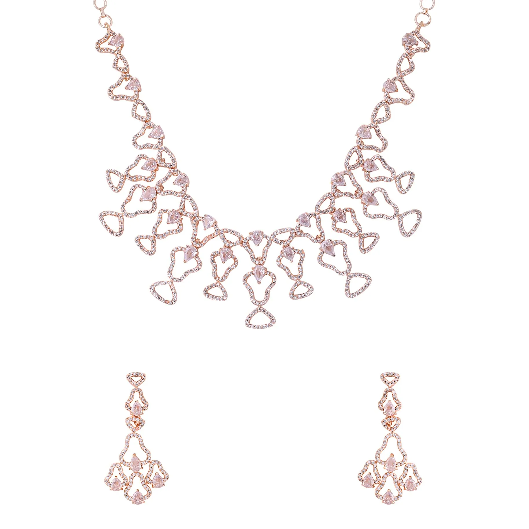 Yellow Chimes Jewellery Set for Women and Girls American Diamond Jewellery Set | Rosegold Tone Geometric Designed White AD Necklace Set | Birthday Gift for girls and women Anniversary Gift for Wife